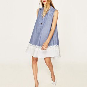 Zara Pin Striped Contrast Lace Hem Cotton Dress NWOT